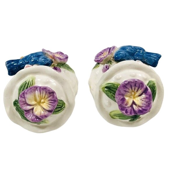 Bluebird Pansies Salt Pepper Shakers VTG Hobnail 3D Ceramic Cottage Tableware - Picture 2 of 13